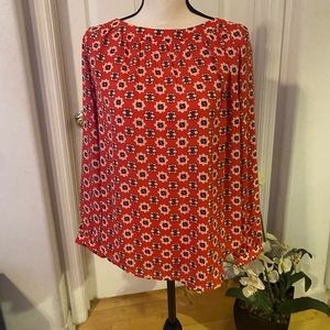 LOFT Red Long Sleeve Patterned Polyester Blouse XS